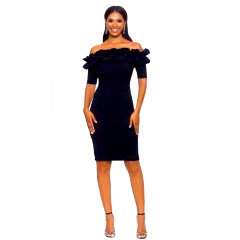 Xscape Black gown with sleeves, off the shoulder ruffle. Size 6